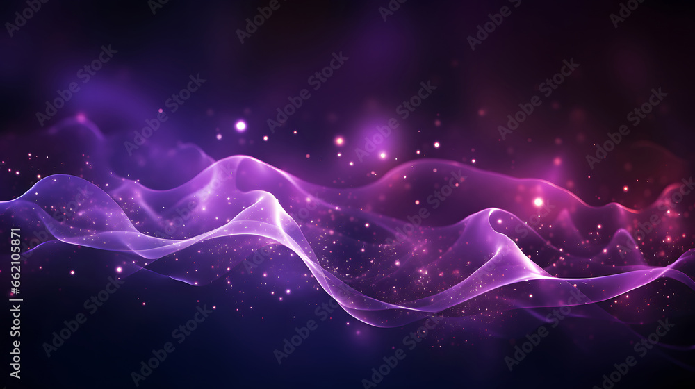 Digital purple particles wave and light abstract background with shining dots stars.