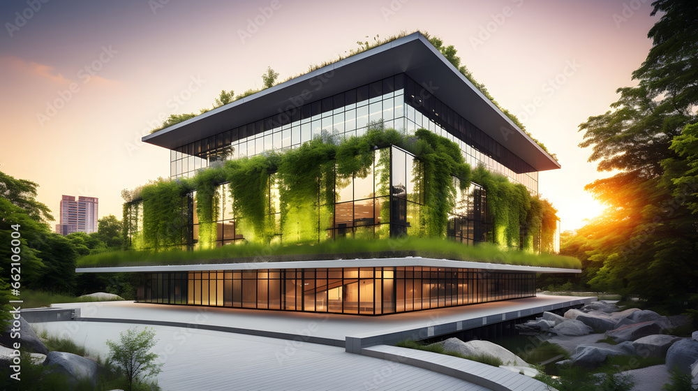 Sustainable green building. Eco-friendly building. Sustainable glass office building with tree for reducing carbon dioxide. Office with green environment. Corporate building reduce CO2. Safety glass.