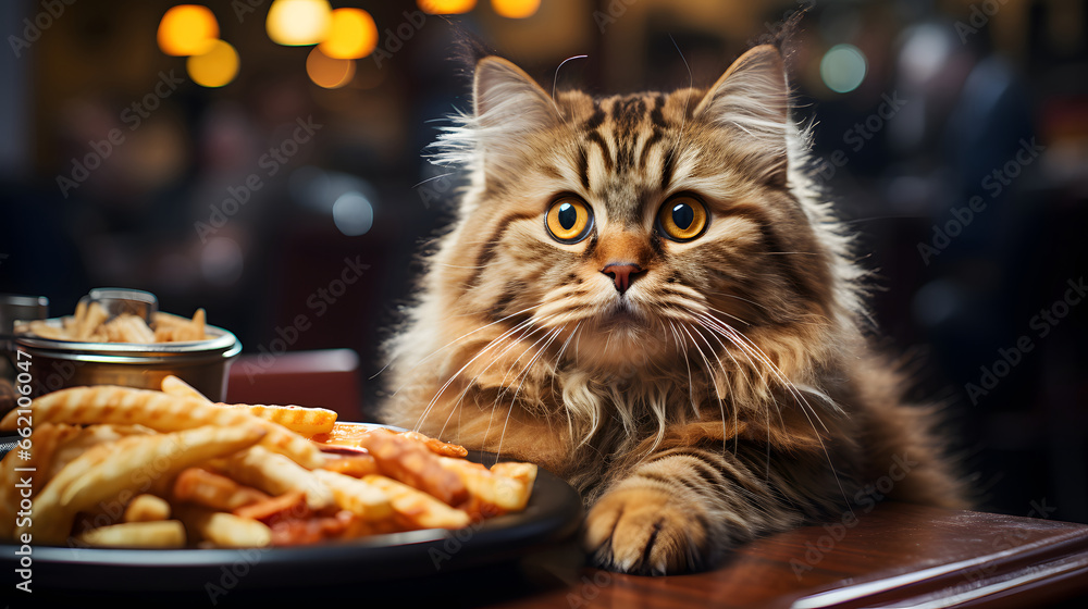 Fat angry hungry cat in fast food restaurant with burger and fried potatoes in front