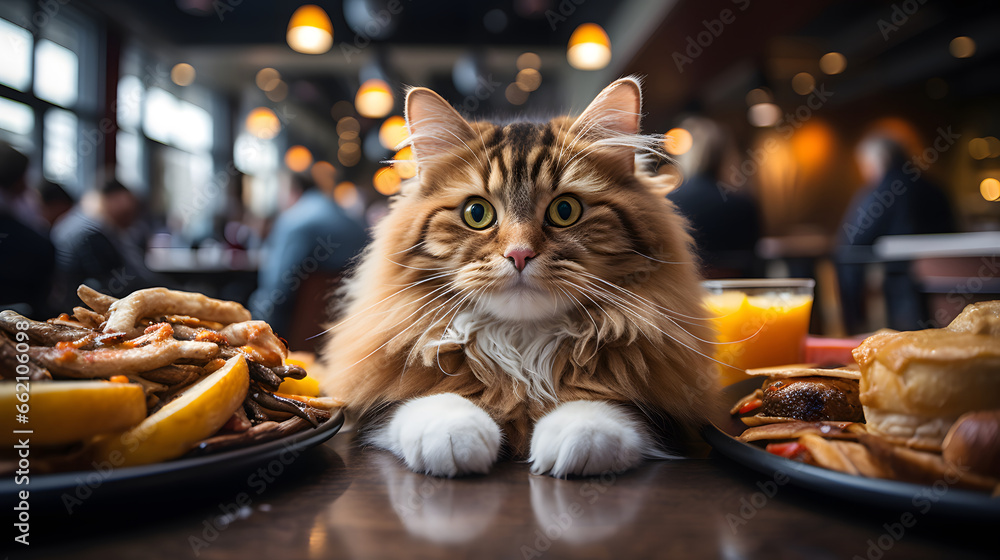 Fat angry hungry cat in fast food restaurant with burger and fried potatoes in front