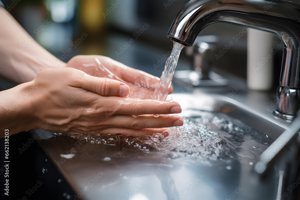 Patient washes his soapy hands under the tap