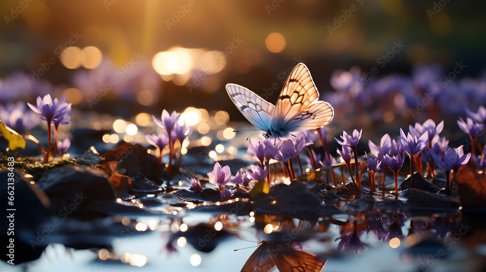 Purple butterfly on wild white violet flowers in grass in rays of sunlight, macro. Spring summer fresh artistic image of beauty morning nature. 