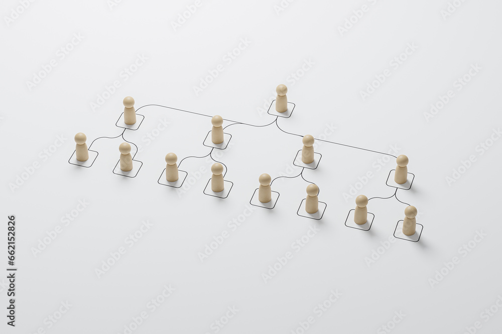 Human resource management and recruitment business. Social network connection. Group society communication. Wooden people with struture on white background. 3d rendering