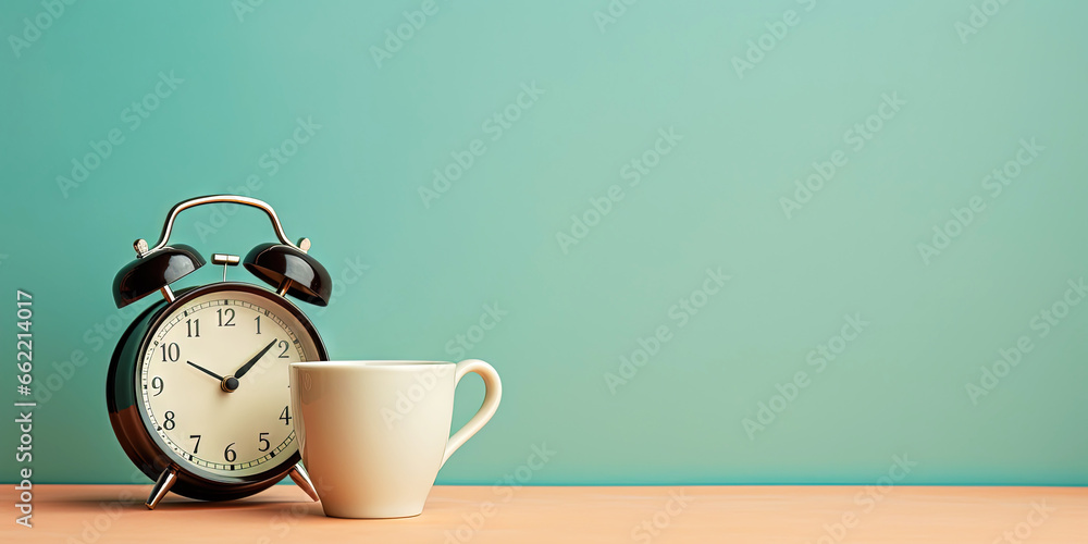 Vintage alarm clock and cup of coffee on the uniform pastel backdrop with a copy space. Generative AI