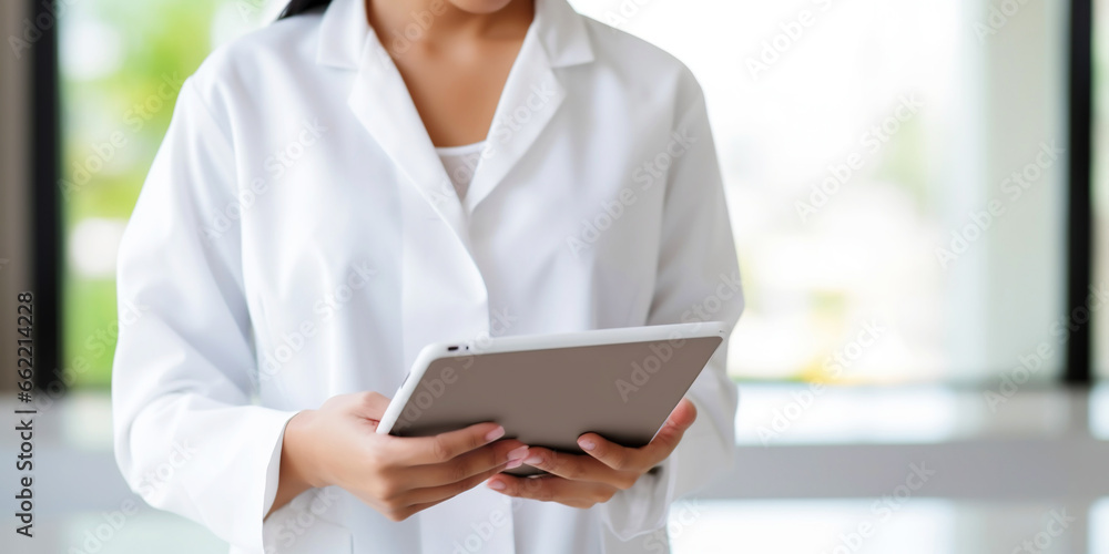 Medical hospital portrait: Confident female medical doctor using tablet . Healthcare concept. Generative AI