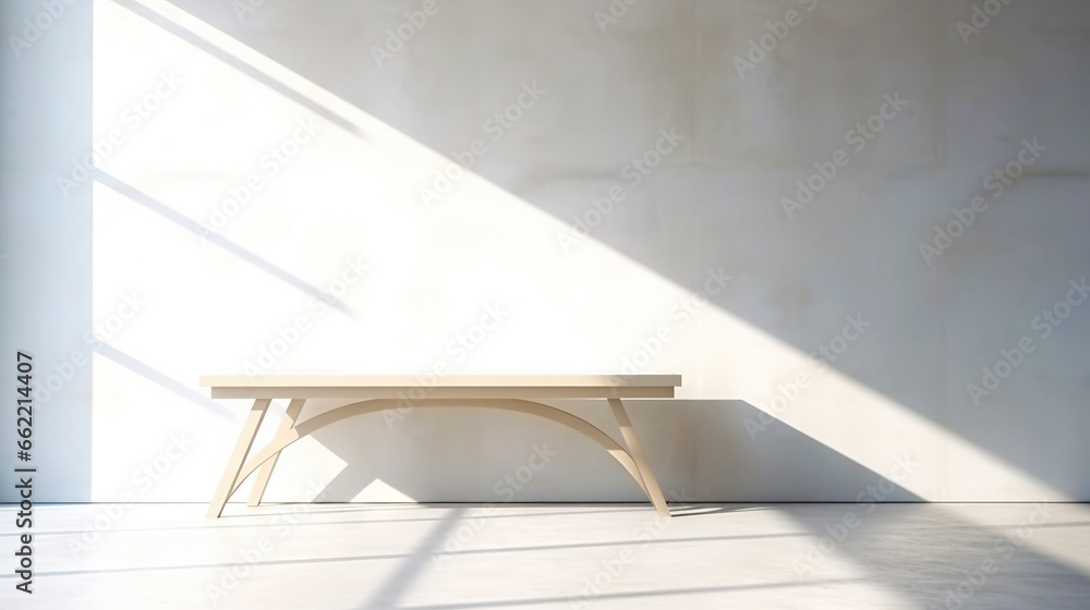 White empty room with table, light background with shadows, sunlight Minimalistic concept. Generative AI