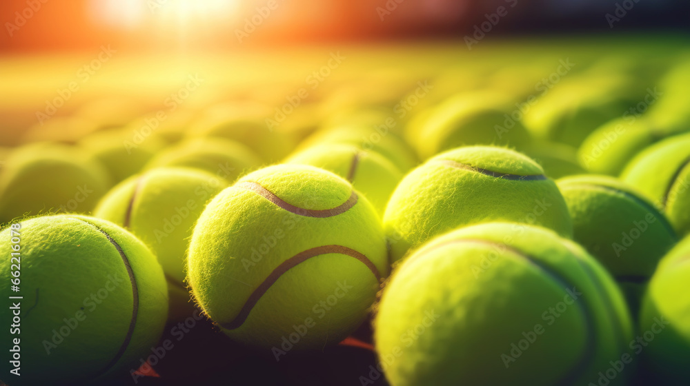 Closeup of a plenty of tennis balls on an empty tennis court, the sunshine. Sports lifestyle concept. Generative AI