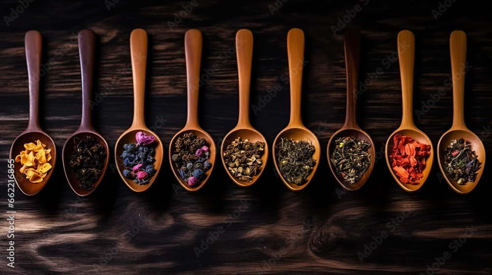 Different types of tea and herbs in vintage wood spoons, top view on dark background. Copy space. Generative AI