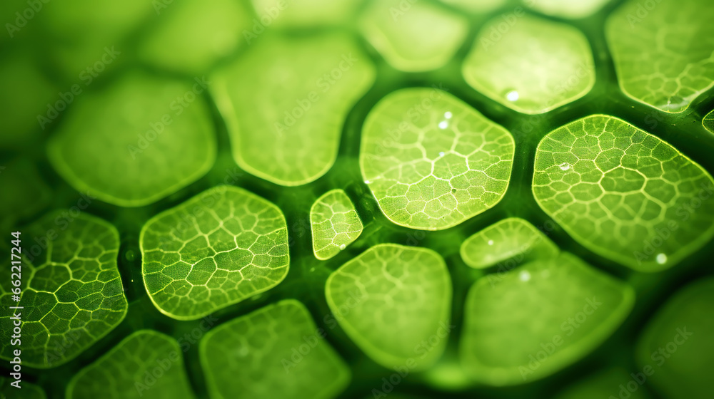 Fantasy plant cells microscopy. Green organic structures. Microlife concept. Generative AI