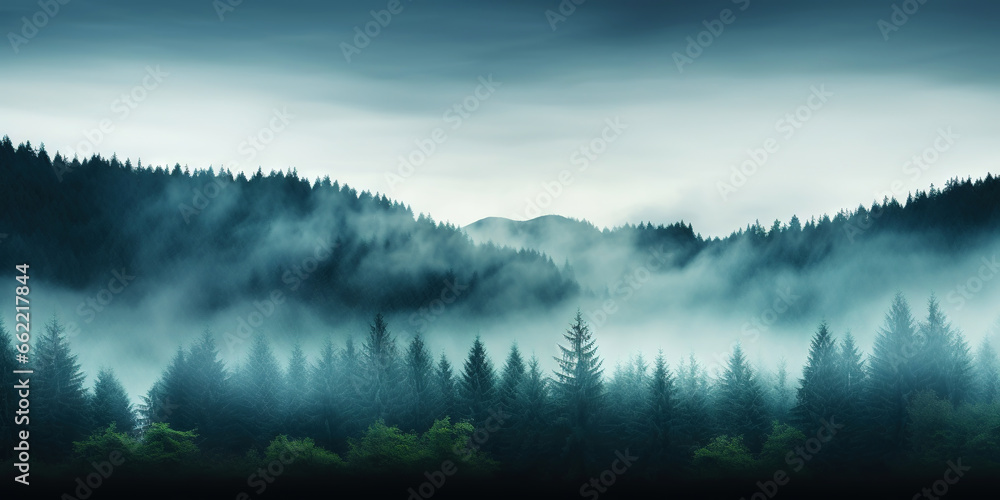 Misty mountain landscape with fir forest in vintage retro style. Generative AI