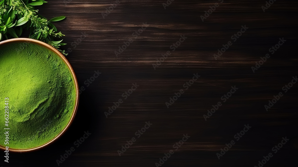 Matcha tea powder in a wooden plate on dark background with whisk, top view, copy space. Generative AI