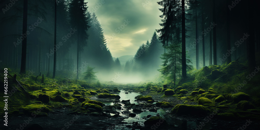 Misty mountain landscape with fir forest and river in vintage retro style. Generative AI