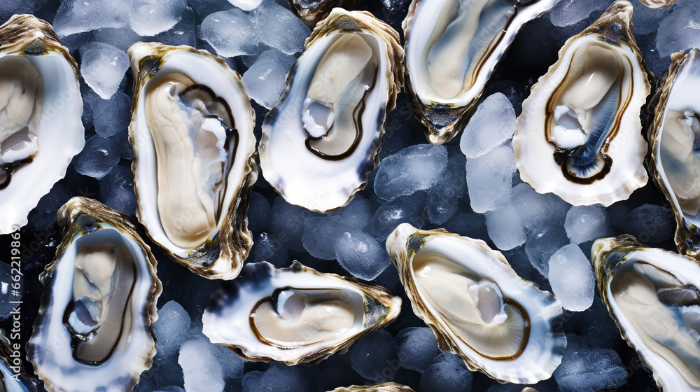 Top view on fresh oysters laying on crushed ice. Seafood background. Generative AI