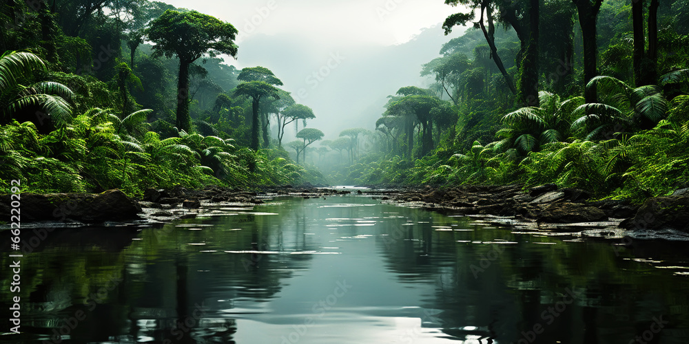 Tropical rainforest around river covered with mist. Generative AI