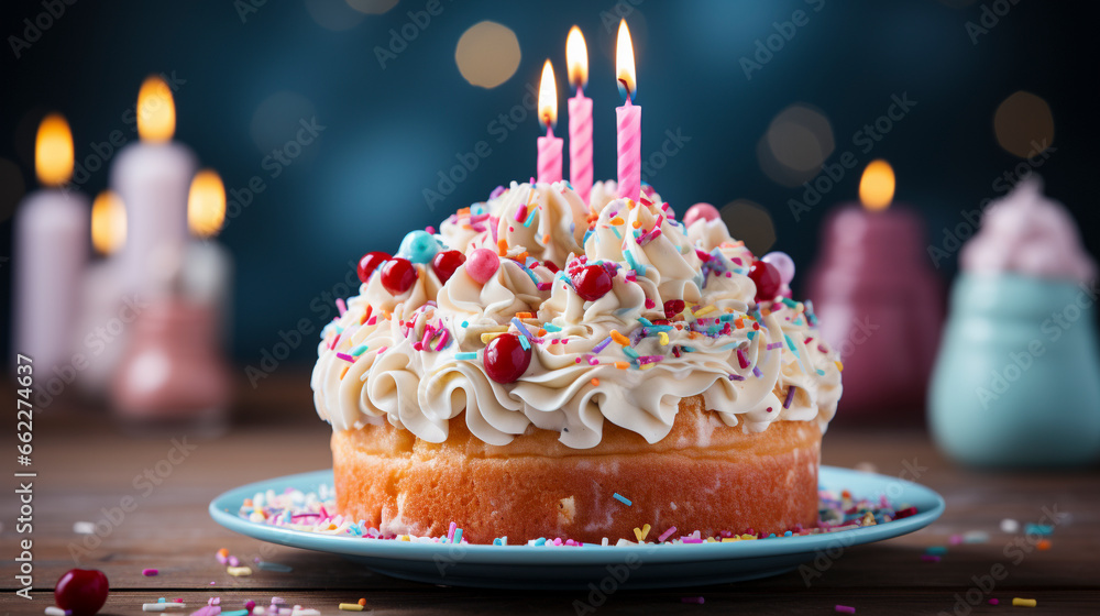 Colorful birthday cake on blue background UHD wallpaper Stock Photographic Image