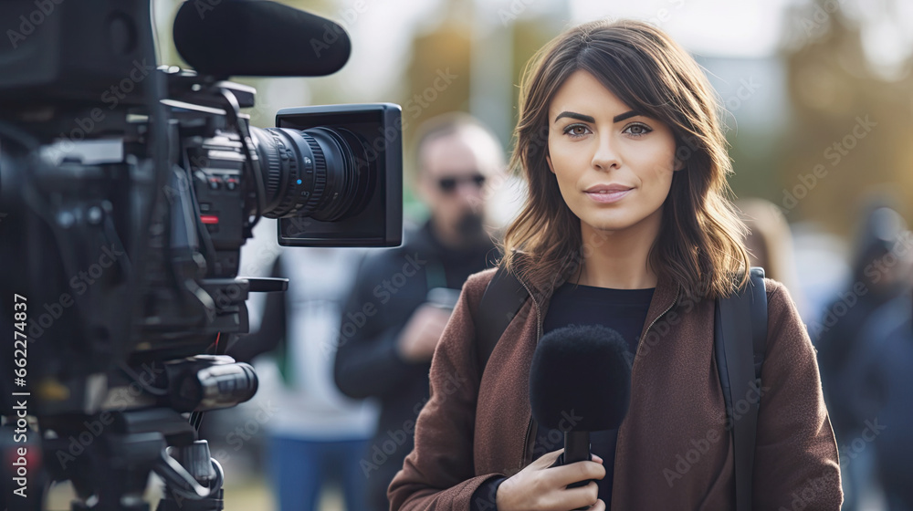 a female TV reporter presenting the news outdoors. Journalism industry, live streaming concept.