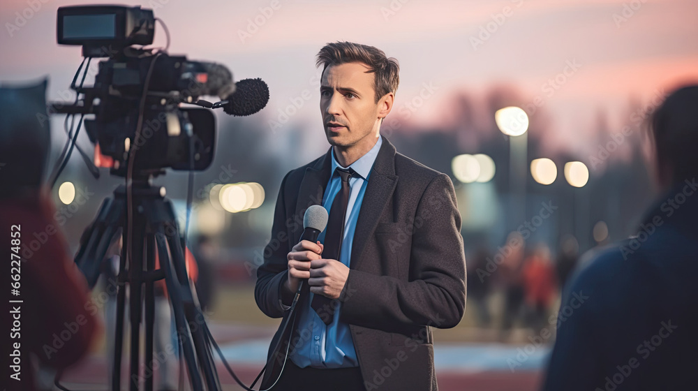 a TV reporter presenting the news outdoors. Journalism industry, live streaming concept.