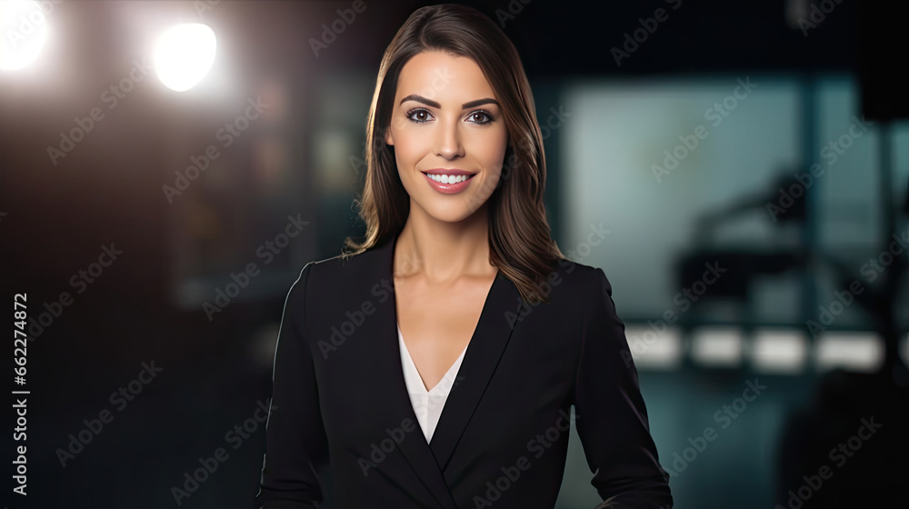 a young confident female in smart dress - female TV news anchor posing at studio.