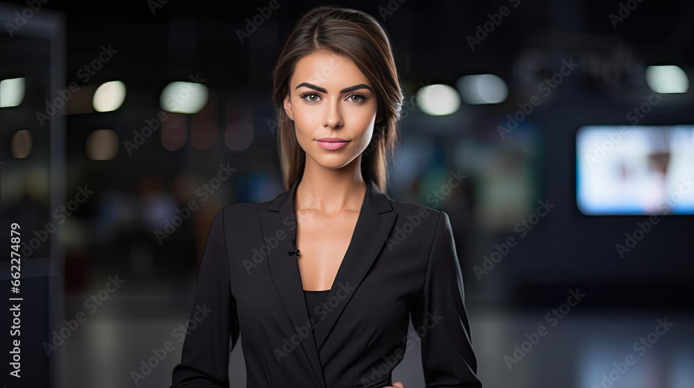 a young confident female in smart dress - female TV news anchor posing at studio.