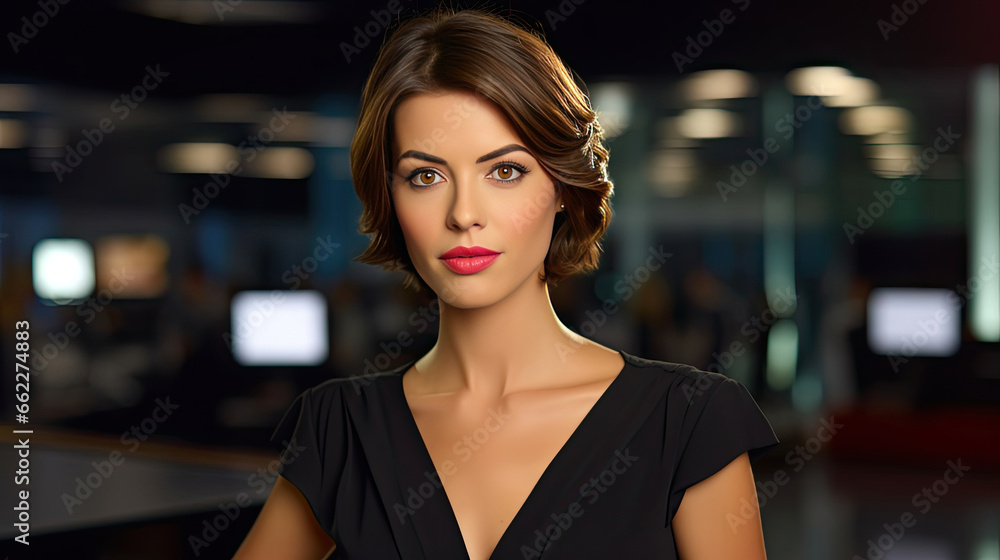 a young confident female in smart dress - female TV news anchor posing at studio.