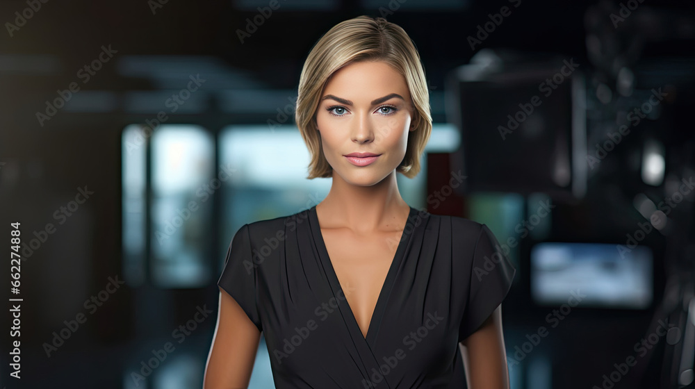 a young confident female in smart dress - female TV news anchor posing at studio.