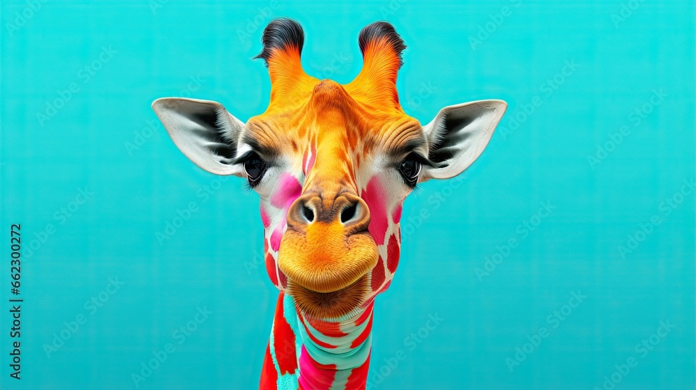  a close up of a giraffes face with a blue background.  generative ai