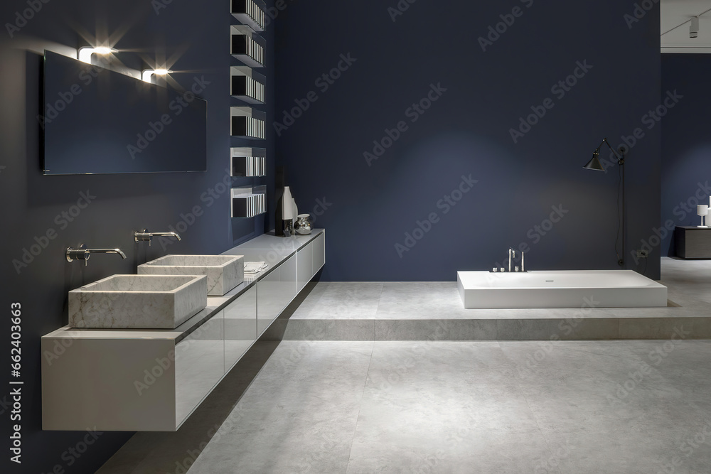 Modern bathroom interior in minimal scandinavian style, 3d rendering