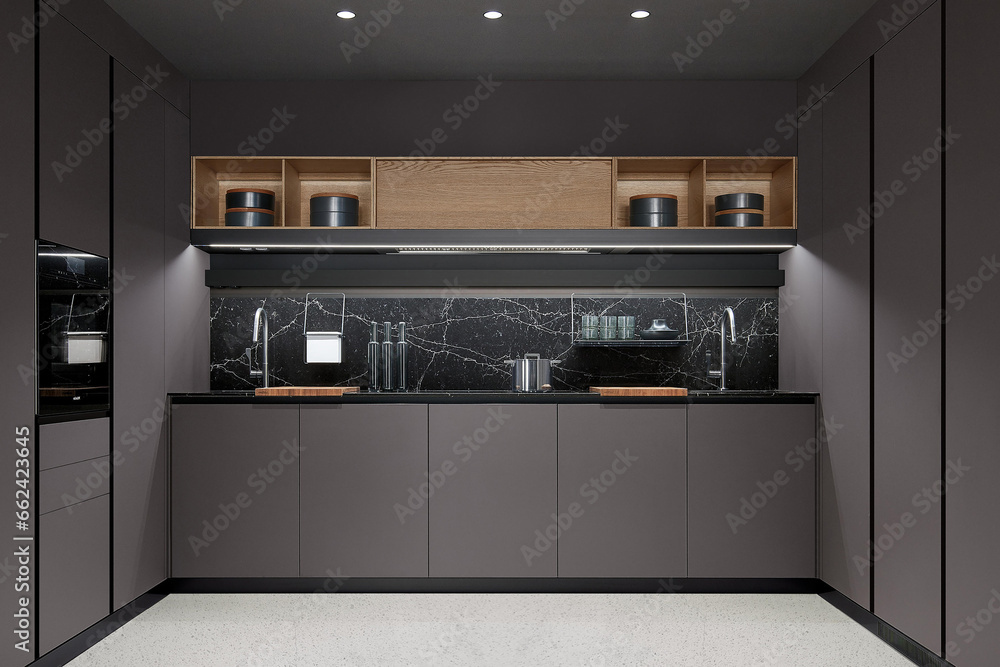 Modern luxury kitchen interior in minimal scandinavian style, 3d render