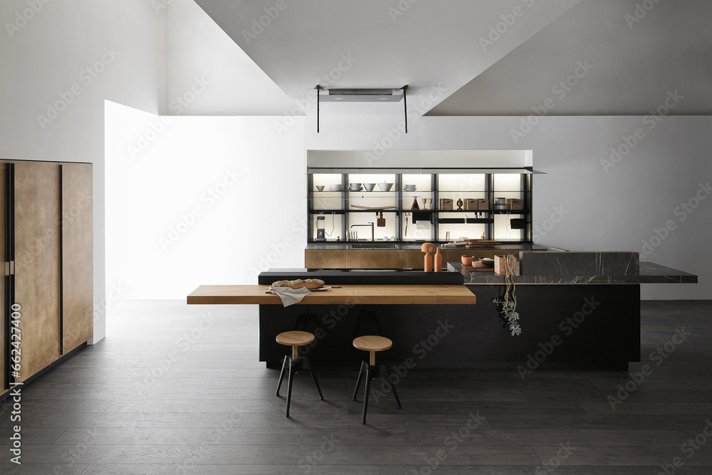 Modern luxury kitchen interior in minimal scandinavian style, 3d render