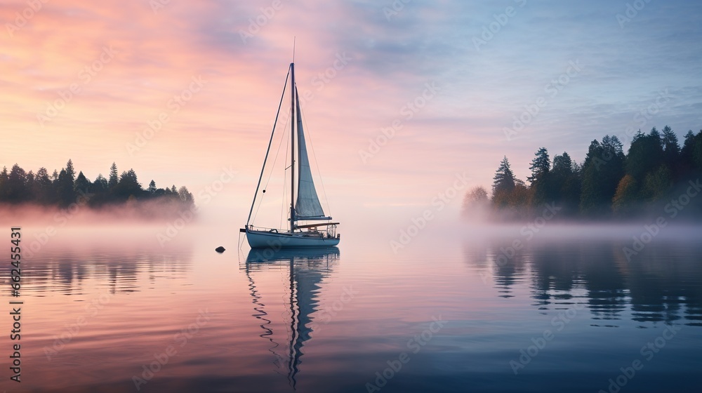  a sailboat in the middle of a lake with trees in the background.  generative ai