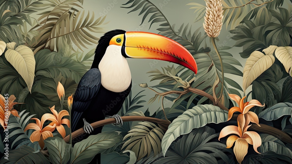  a toucan bird sitting on a branch in the jungle.  generative ai