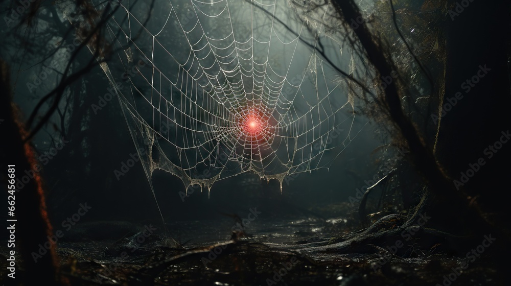  a spider web with a red light in the middle of it.  generative ai