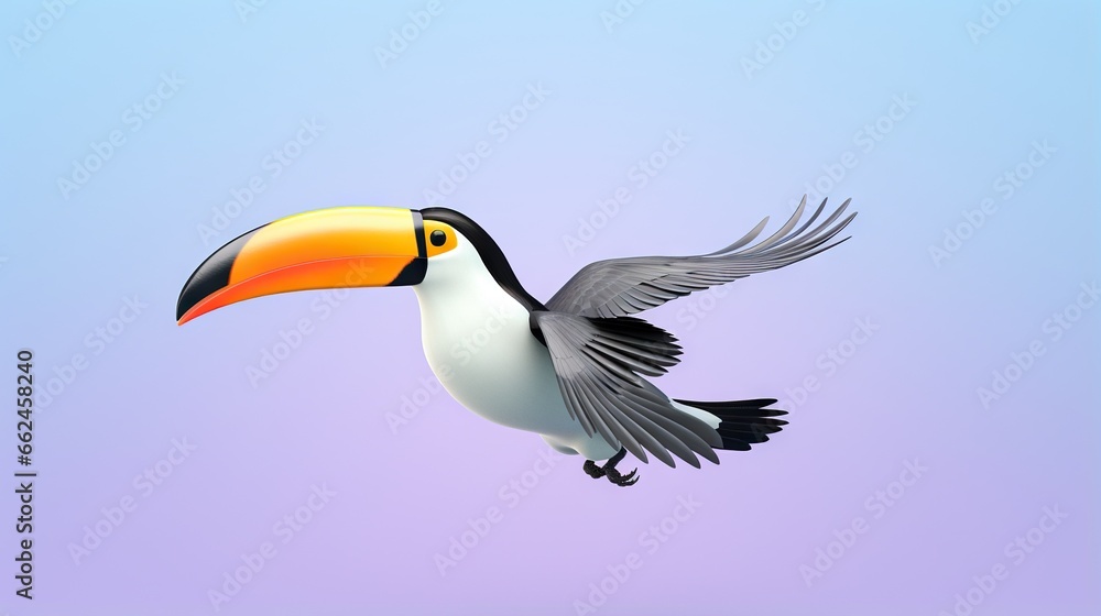  a toucan flying in the air with its wings spread.  generative ai