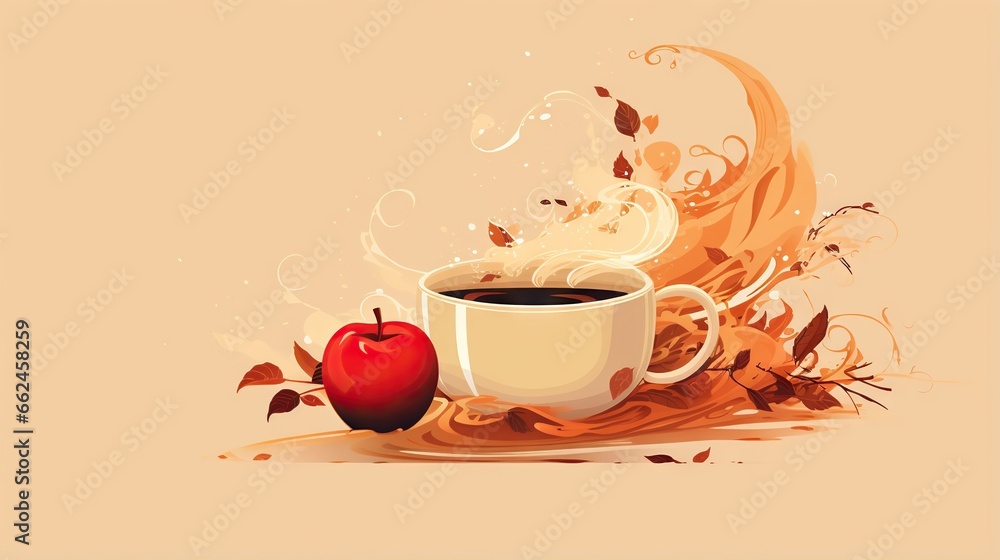  a cup of coffee and an apple on a brown background.  generative ai