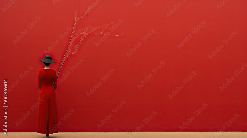  a woman in a red dress and a black hat stands in front of a red wall.  generative ai