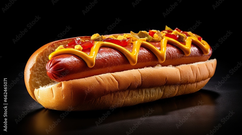  a hot dog with mustard and ketchup on a bun.  generative ai