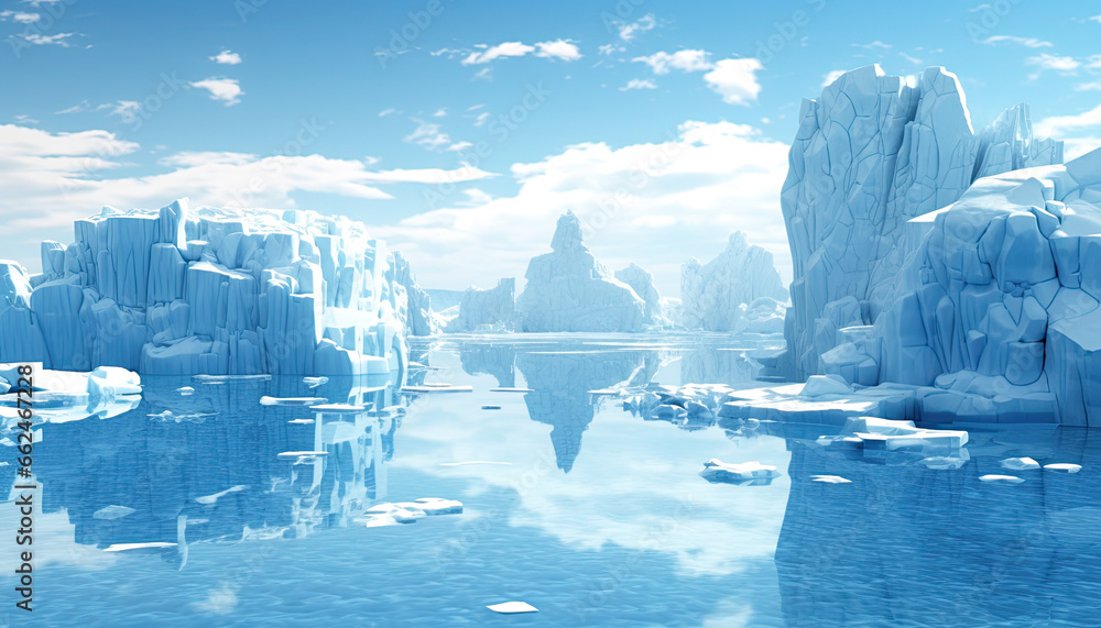 Icebergs on blue water under bright sky with white clouds.