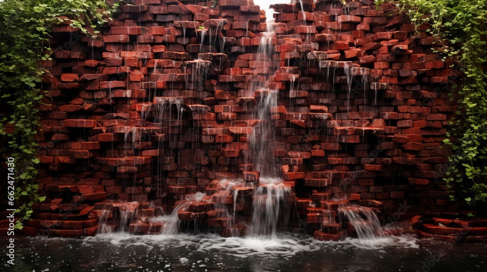  a waterfall made of red bricks with water coming out of it.  generative ai