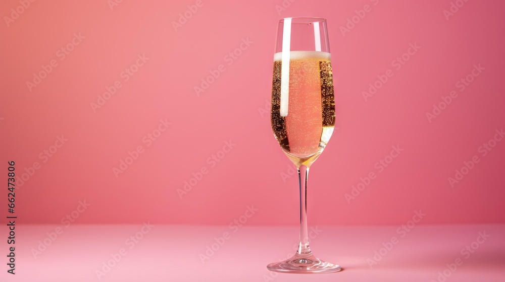  a champagne glass filled with a liquid on a pink background.  generative ai