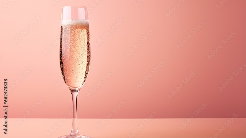  a glass of champagne on a pink surface with a pink background.  generative ai