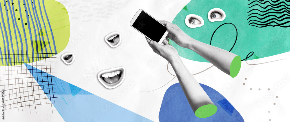 Person using a smartphone with eyes and mouth - Photo collage design