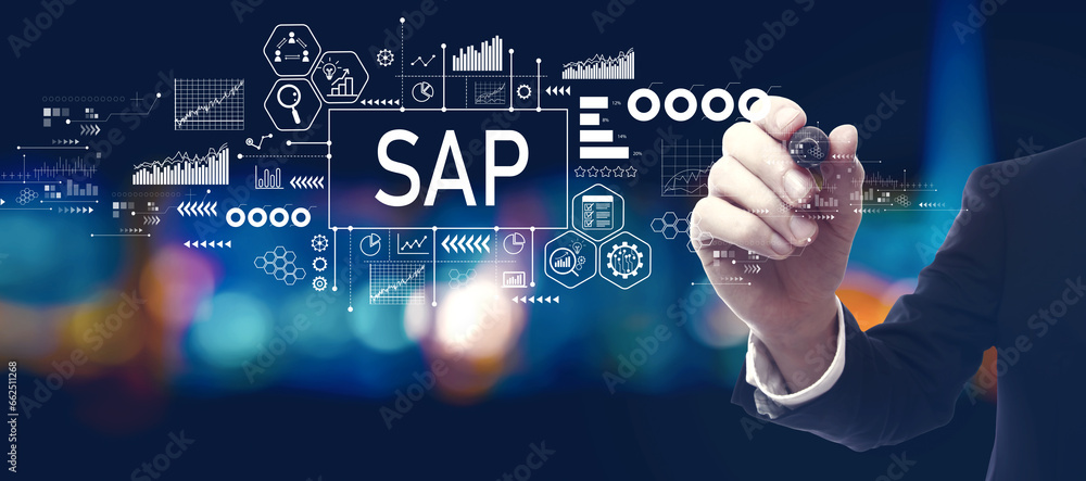 SAP - Business process automation software theme with businessman in a city at night