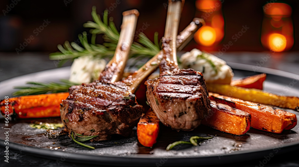 Delicious grilled lamb chops with roasted carrots on a chic marble in the restaurant.