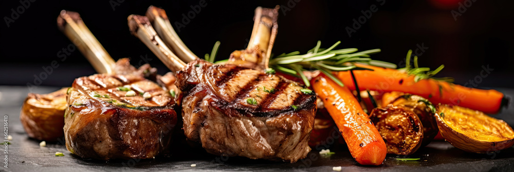 Delicious grilled lamb chops with roasted carrots on a chic marble in the restaurant.