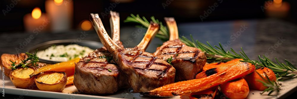 Delicious grilled lamb chops with roasted carrots on a chic marble in the restaurant.