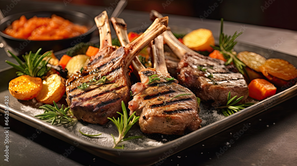 Delicious grilled lamb chops with roasted carrots on a chic marble in the restaurant.