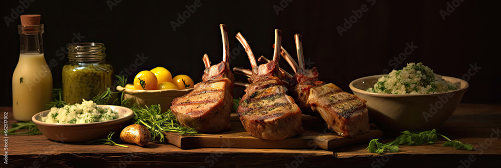 Rack of lamb, with mustard and garlic sauce on the wooden table.