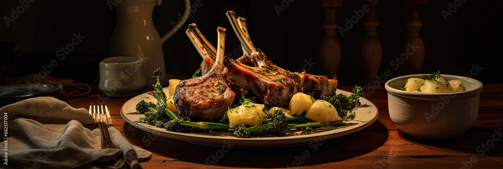 Rack of lamb, with mustard and garlic sauce on the wooden table.