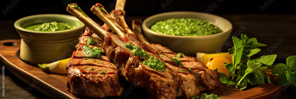 Rack of lamb, with mustard and garlic sauce on the wooden table.