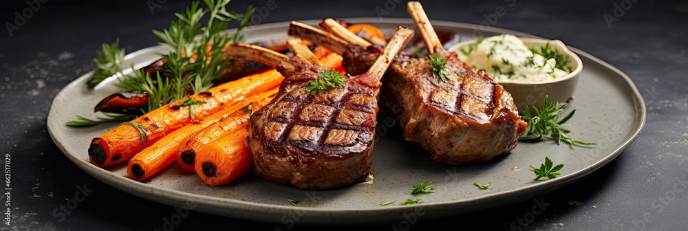 Rare Lamb Chops with roasted carrots on a chic marble background.